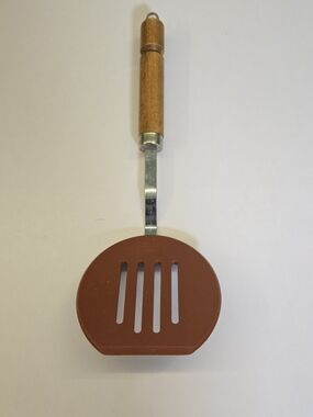 Vintage Bonny USA Slotted Spatula - Wide Brown Nylon & Wood Handle